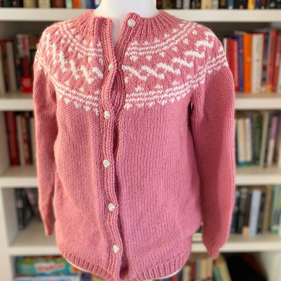 Handmade Vintage Knit Cardigan | Pink & Cream Fair Isle | Size Women’s Small | B - Picture 1 of 8